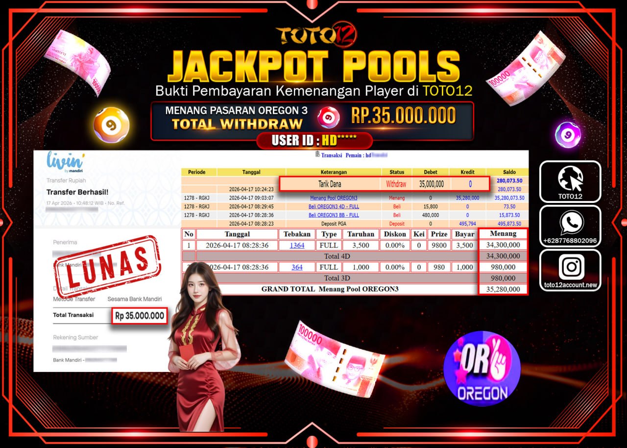 HANYA DI TOTO12 JP PASTI DI BAYAR LUNAS DAN CEPAT!!!!!! JACKPOT POOLS PASARAN(OREGON 3) Rp.35.000.000!!!!