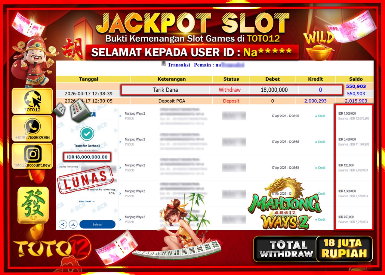 HANYA DI TOTO12 JP PASTI DI BAYAR LUNAS DAN CEPAT!!!!!! JACKPOT SLOT GAME (MAHJONG WAYS 2) Rp.18.000.000!!!!