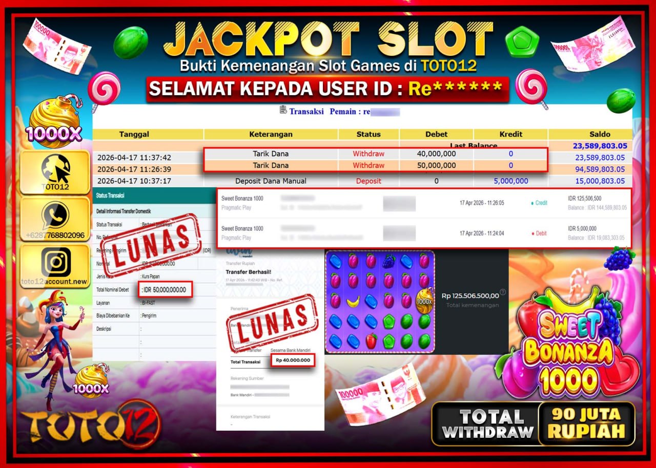 HANYA DI TOTO12 JP PASTI DI BAYAR LUNAS DAN CEPAT!!!!!! JACKPOT SLOT GAME (SWEET BONANZA 1000) Rp.90.000.000!!!!