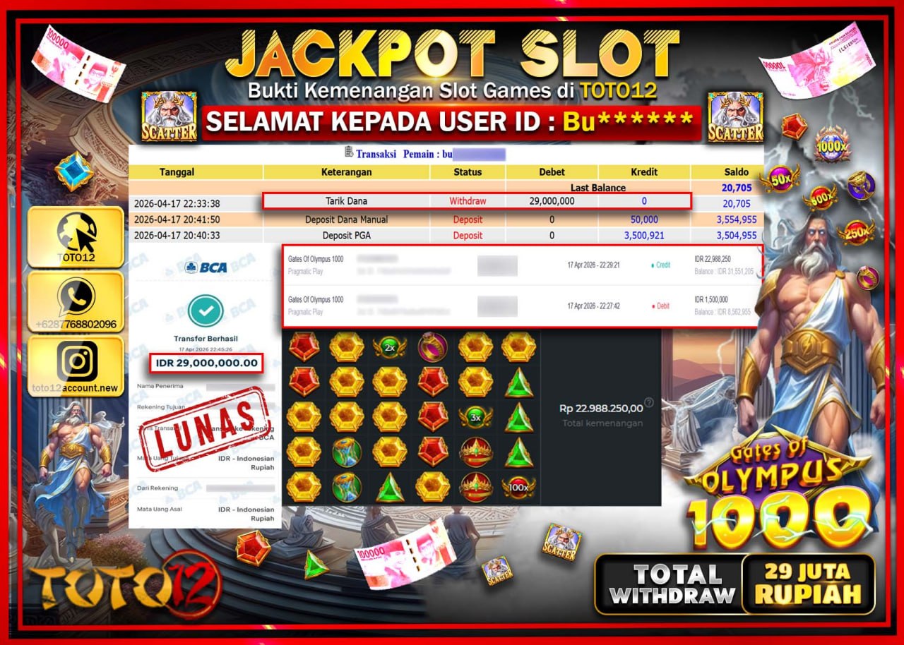 HANYA DI TOTO12 JP PASTI DI BAYAR LUNAS DAN CEPAT!!!!!! JACKPOT SLOT GAME (GATES OF OLYMPUS 1000) Rp.29.000.000!!!!