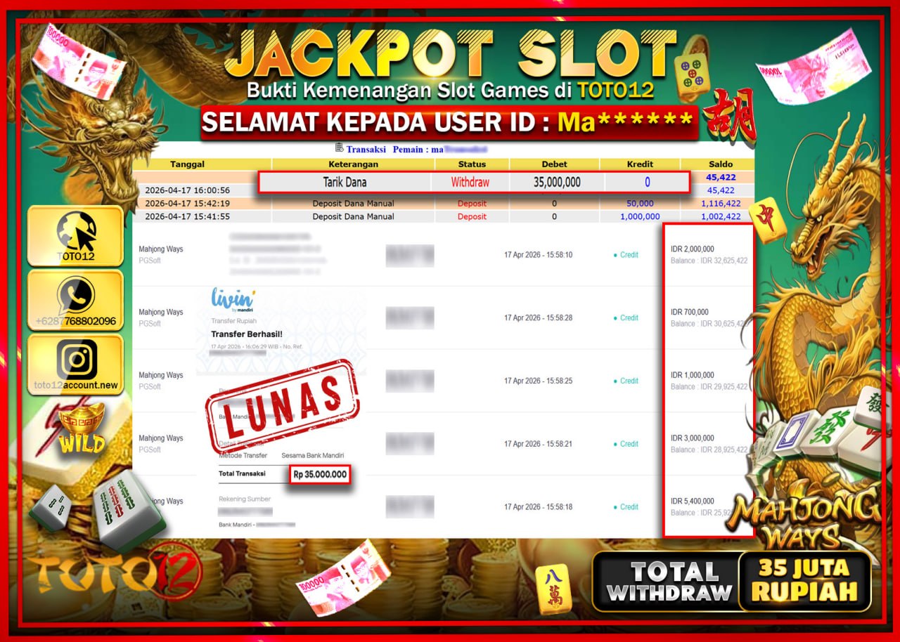 HANYA DI TOTO12 JP PASTI DI BAYAR LUNAS DAN CEPAT!!!!!! JACKPOT SLOT GAME (MAHJONG WAYS) Rp.35.000.000!!!!