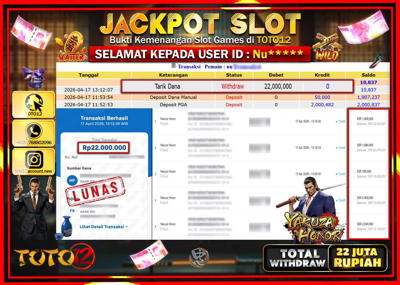 HANYA DI TOTO12 JP PASTI DI BAYAR LUNAS DAN CEPAT!!!!!! JACKPOT SLOT GAME (YAKUZA HONOR) Rp.22.000.000!!!!