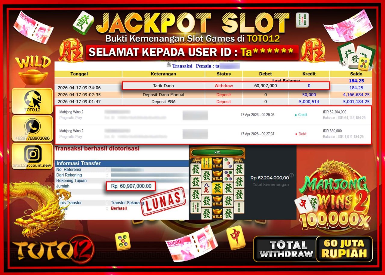 HANYA DI TOTO12 JP PASTI DI BAYAR LUNAS DAN CEPAT!!!!!! JACKPOT SLOT GAME (MAHJONG WINS 2) Rp.60.907.000!!!!