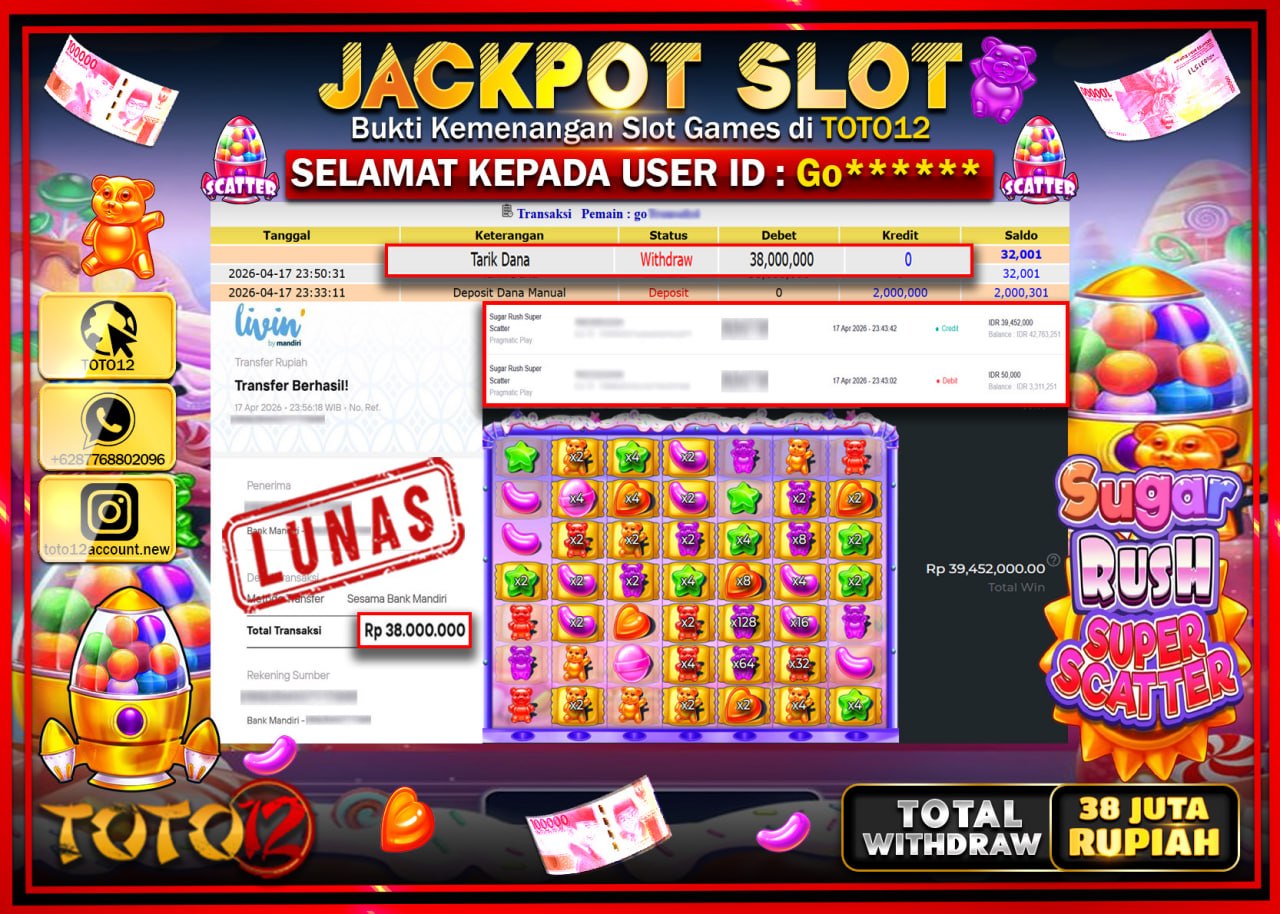 HANYA DI TOTO12 JP PASTI DI BAYAR LUNAS DAN CEPAT!!!!!! JACKPOT SLOT GAME (SUGAR RUSH SUPER SCATTER) Rp.38.000.000!!!!