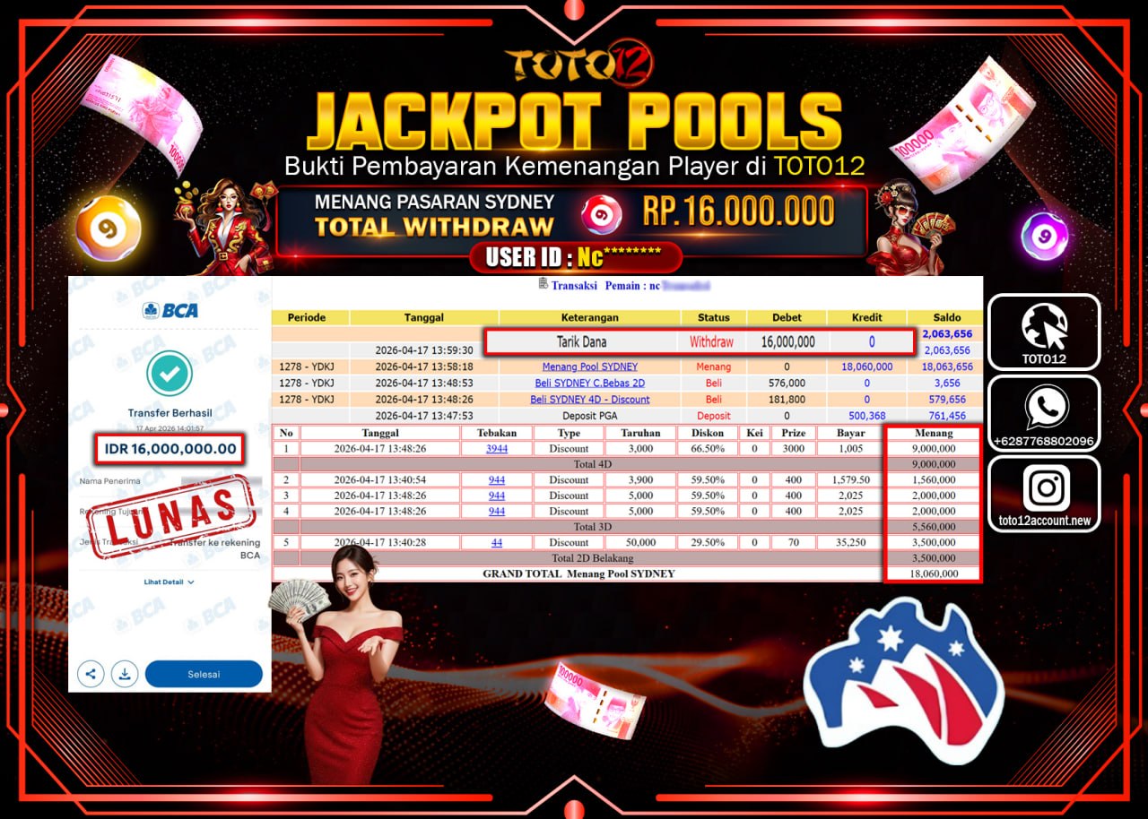 HANYA DI TOTO12 JP PASTI DI BAYAR LUNAS DAN CEPAT!!!!!! JACKPOT POOLS PASARAN( SYDNEY ) Rp.16.000.000!!!!