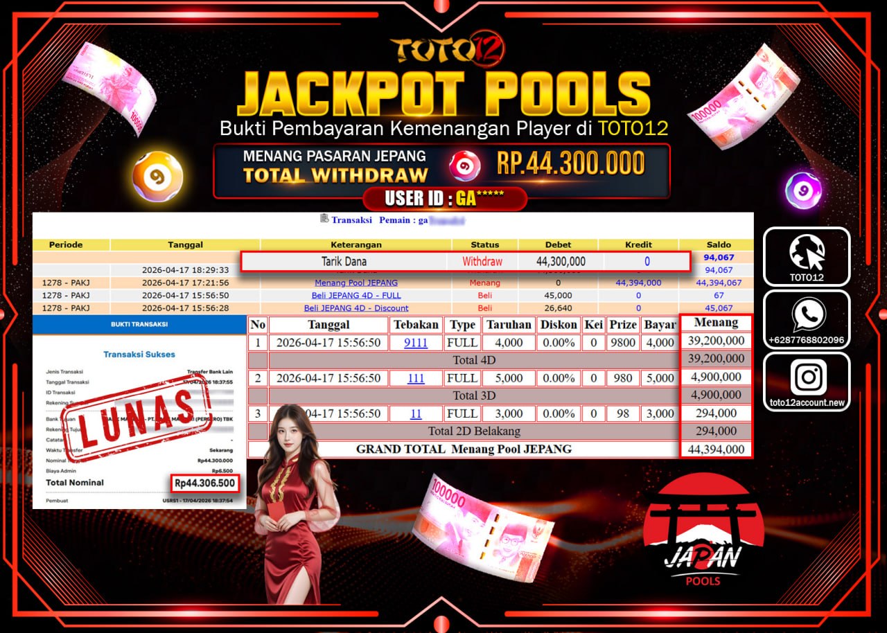 HANYA DI TOTO12 JP PASTI DI BAYAR LUNAS DAN CEPAT!!!!!! JACKPOT POOLS PASARAN( JEPANG ) Rp.44.300.000!!!!