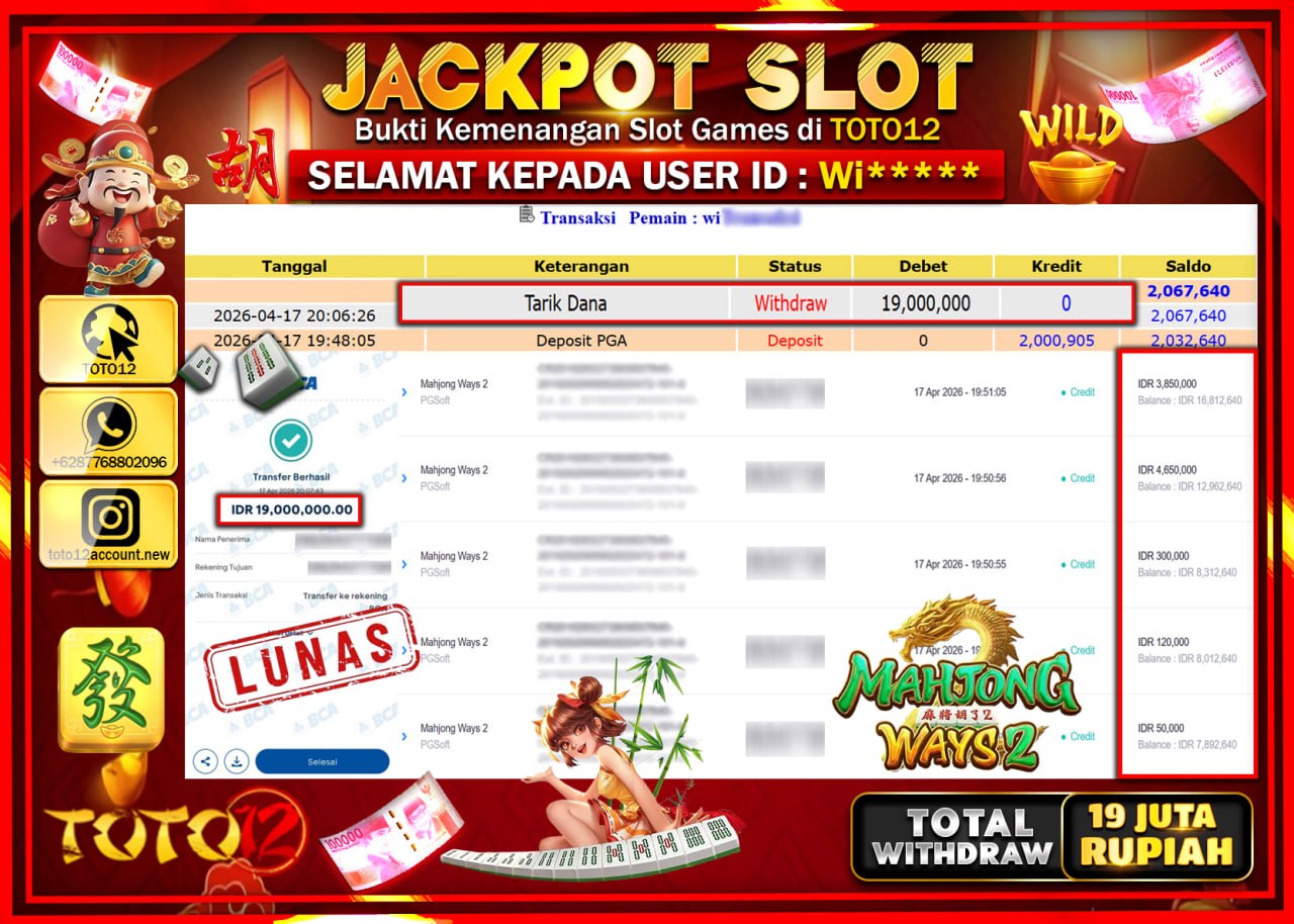 HANYA DI TOTO12 JP PASTI DI BAYAR LUNAS DAN CEPAT!!!!!! JACKPOT SLOT GAME (MAHJONG WAYS 2) Rp.19.000.000!!!!