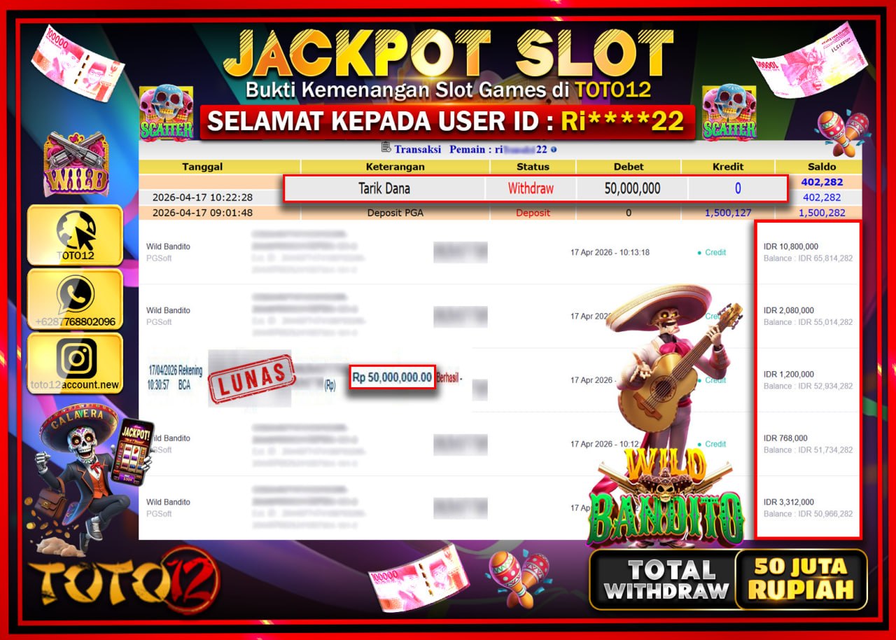 HANYA DI TOTO12 JP PASTI DI BAYAR LUNAS DAN CEPAT!!!!!! JACKPOT SLOT GAME (WILD BANDITO) Rp.50.000.000!!!!