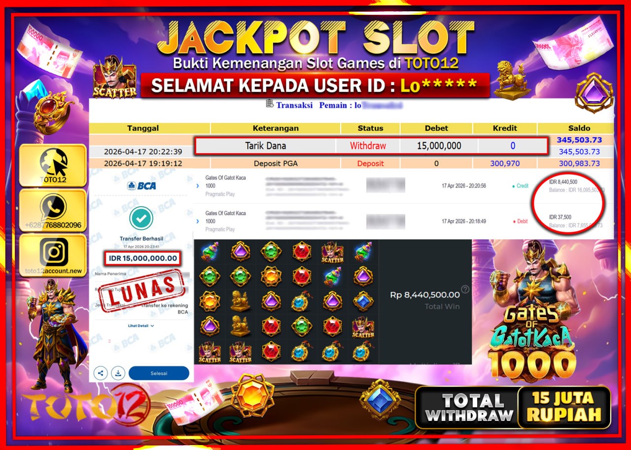 HANYA DI TOTO12 JP PASTI DI BAYAR LUNAS DAN CEPAT!!!!!! JACKPOT SLOT GAME (GATES OF GATOTKACA 1000) Rp.15.000.000!!!!