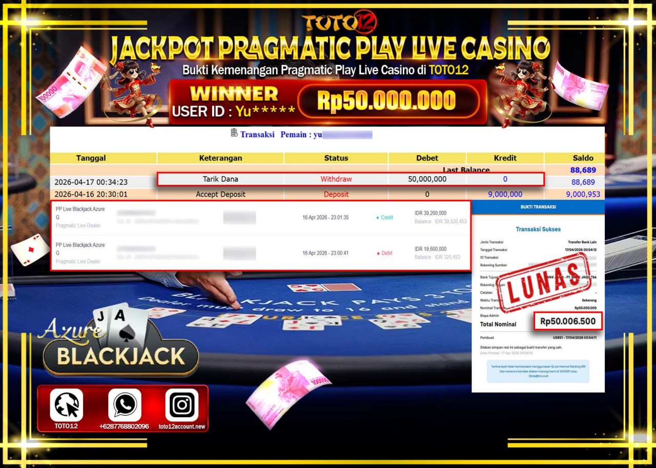 HANYA DI TOTO12 JP PASTI DI BAYAR LUNAS DAN CEPAT!!!!!! JACKPOT PRAGMATIC PLAY LIVE GAME CASINO (PP LIVE BLACKJACK AZURE) Rp.50.000.000!!!!