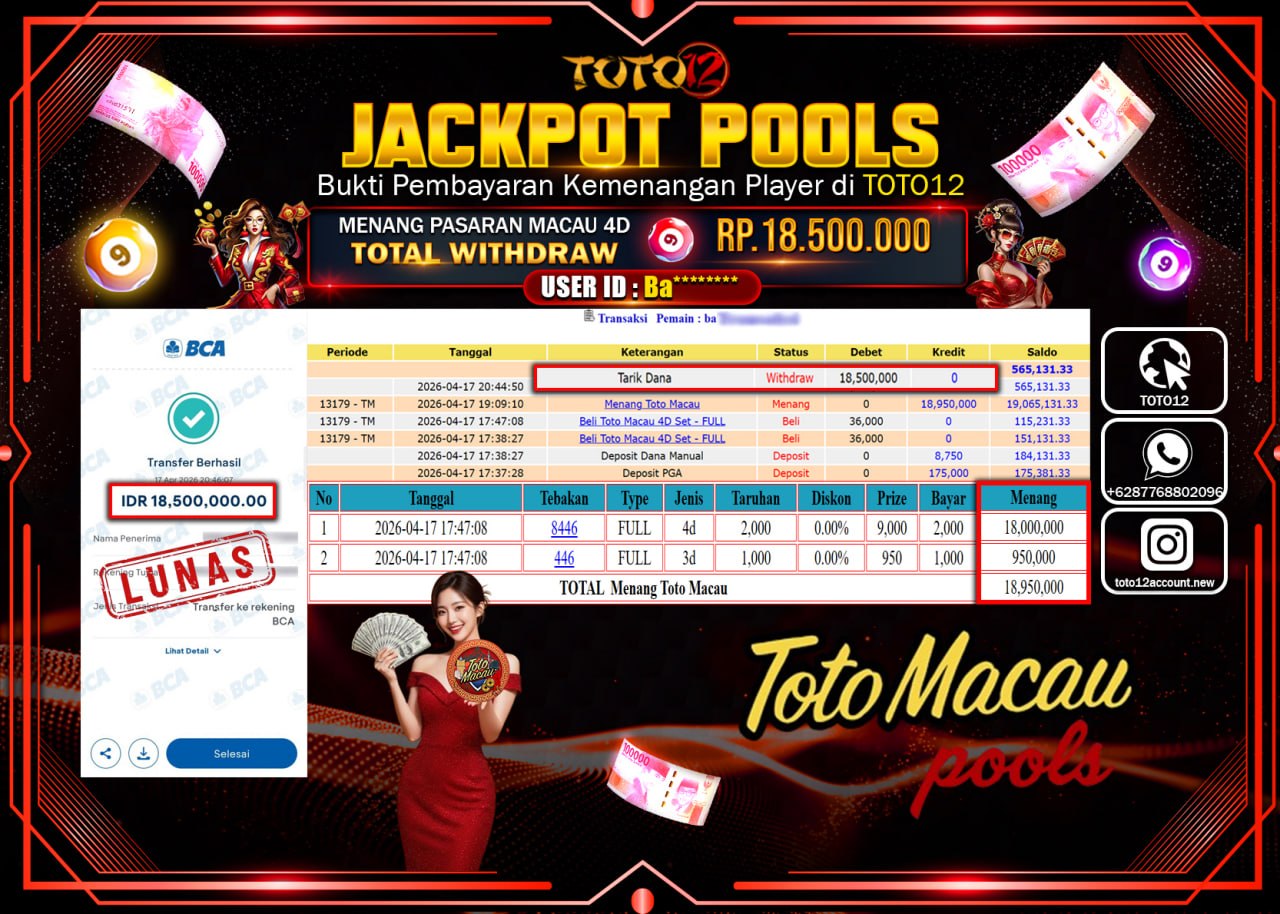 HANYA DI TOTO12 JP PASTI DI BAYAR LUNAS DAN CEPAT!!!!!! JACKPOT POOLS PASARAN(MACAU 4D) Rp.18.500.000!!!!