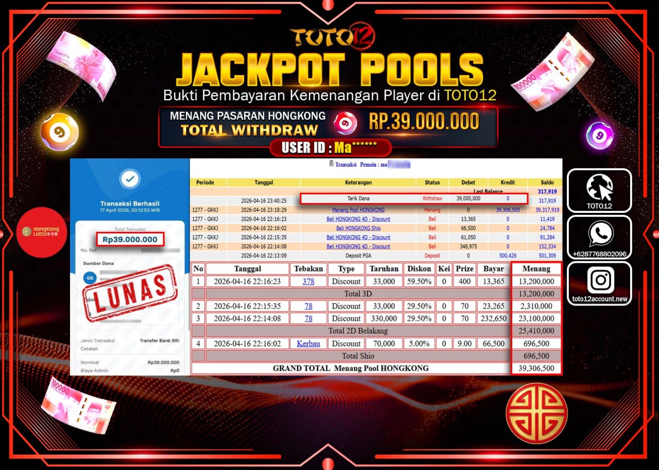 HANYA DI TOTO12 JP PASTI DI BAYAR LUNAS DAN CEPAT!!!!!! JACKPOT POOLS PASARAN( HONGKONG ) Rp.39.000.000!!!!