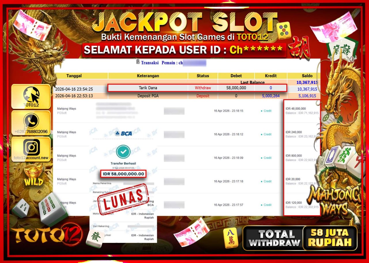 HANYA DI TOTO12 JP PASTI DI BAYAR LUNAS DAN CEPAT!!!!!! JACKPOT SLOT GAME (MAHJONG WAYS) Rp.58.000.000!!!!