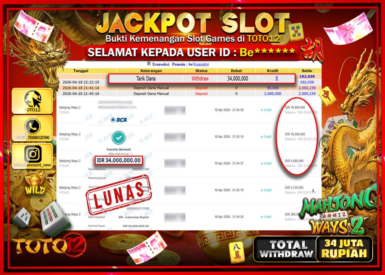 HANYA DI TOTO12 JP PASTI DI BAYAR LUNAS DAN CEPAT!!!!!! JACKPOT SLOT GAME (MAHJONG WAYS 2) Rp.34.000.000!!!!