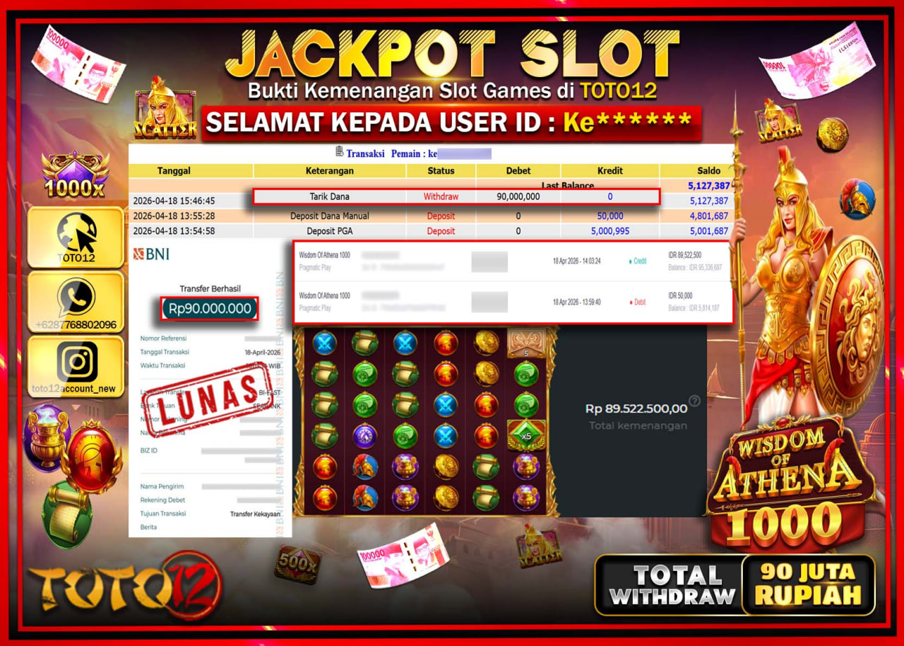 HANYA DI TOTO12 JP PASTI DI BAYAR LUNAS DAN CEPAT!!!!!! JACKPOT SLOT GAME (WISDOM OF ATHENA 1000) Rp.90.000.000!!!!