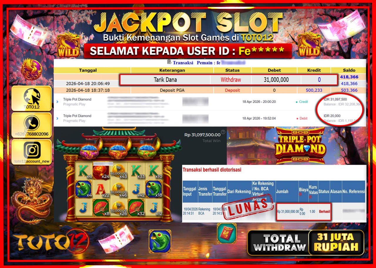 HANYA DI TOTO12 JP PASTI DI BAYAR LUNAS DAN CEPAT!!!!!! JACKPOT SLOT GAME (TRIPLE POT DIAMOND) Rp.31.000.000!!!!
