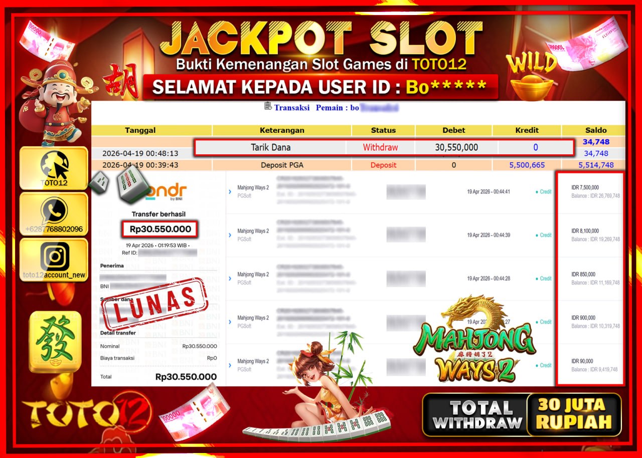 HANYA DI TOTO12 JP PASTI DI BAYAR LUNAS DAN CEPAT!!!!!! JACKPOT SLOT GAME (MAHJONG WAYS 2) Rp.30.550.000!!!!