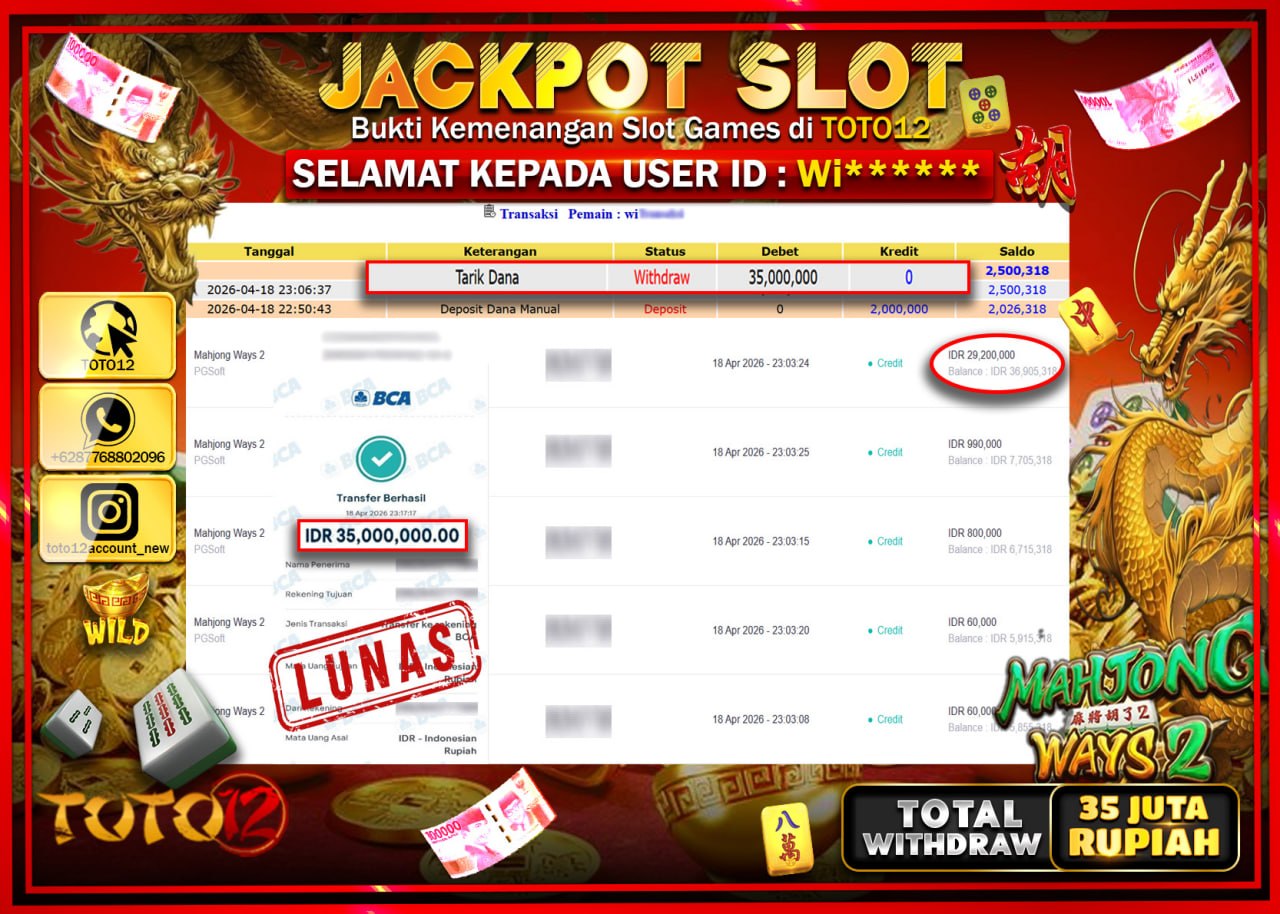 HANYA DI TOTO12 JP PASTI DI BAYAR LUNAS DAN CEPAT!!!!!! JACKPOT SLOT GAME (MAHJONG WAYS 2) Rp.35.000.000!!!!