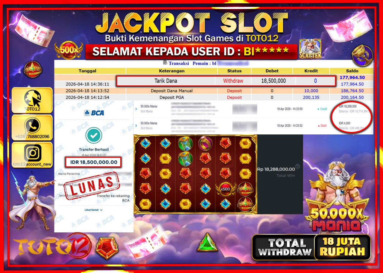 HANYA DI TOTO12 JP PASTI DI BAYAR LUNAS DAN CEPAT!!!!!! JACKPOT SLOT GAME (50.000X MANIA) Rp.18.500.000!!!!