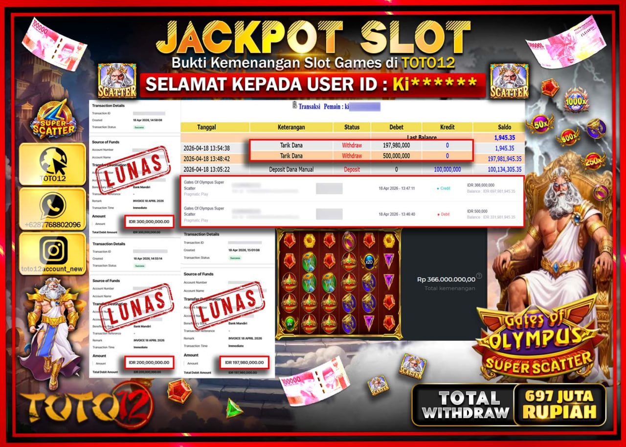 HANYA DI TOTO12 JP PASTI DI BAYAR LUNAS DAN CEPAT!!!!!! JACKPOT SLOT GAME (GATES OF OLYMPUS SUPER SCATTER) Rp.697.980.000!!!!