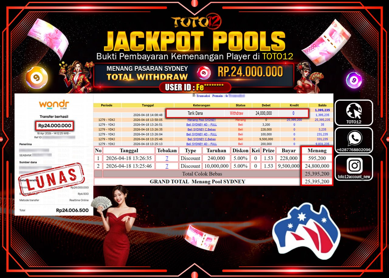 HANYA DI TOTO12 JP PASTI DI BAYAR LUNAS DAN CEPAT!!!!!! JACKPOT POOLS PASARAN (SYDNEY) Rp.24.000.000!!!!