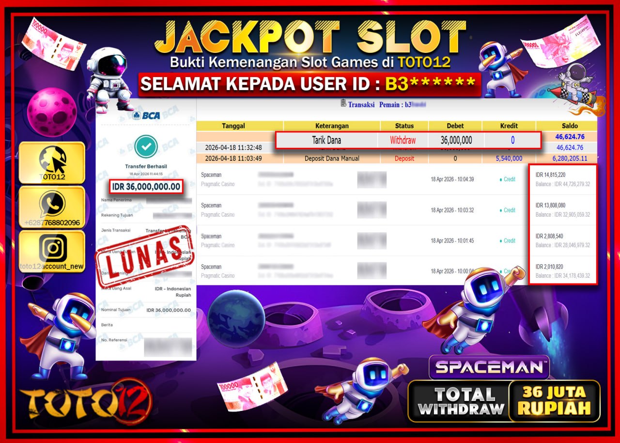 HANYA DI TOTO12 JP PASTI DI BAYAR LUNAS DAN CEPAT!!!!!! JACKPOT SLOT GAME (SPACEMAN) Rp.36.000.000!!!!