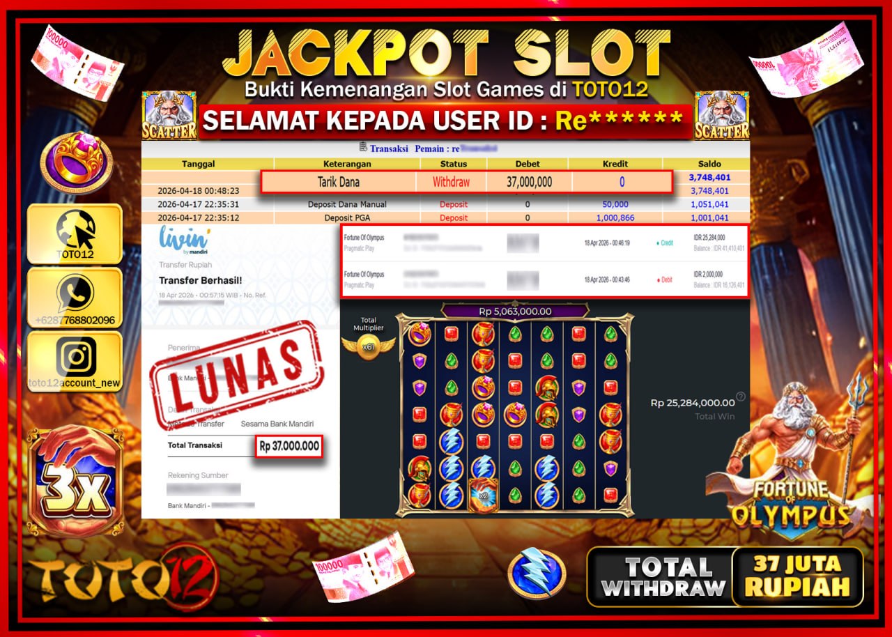 HANYA DI TOTO12 JP PASTI DI BAYAR LUNAS DAN CEPAT!!!!!! JACKPOT SLOT GAME (FORTUNE OF OLYMPUS) Rp.37.000.000!!!!