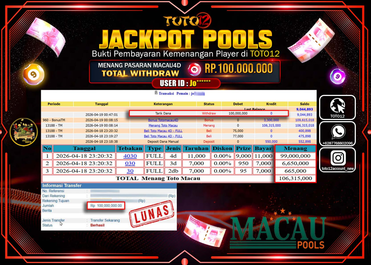 HANYA DI TOTO12 JP PASTI DI BAYAR LUNAS DAN CEPAT!!!!!! JACKPOT POOLS PASARAN (MACAU4D) Rp.100.000.000!!!!