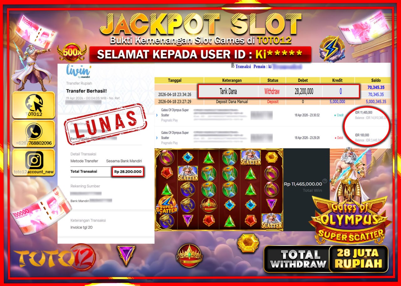 HANYA DI TOTO12 JP PASTI DI BAYAR LUNAS DAN CEPAT!!!!!! JACKPOT SLOT GAME (GATES OF OLYMPUS SUPER SCATTER) Rp.28.200.000!!!!