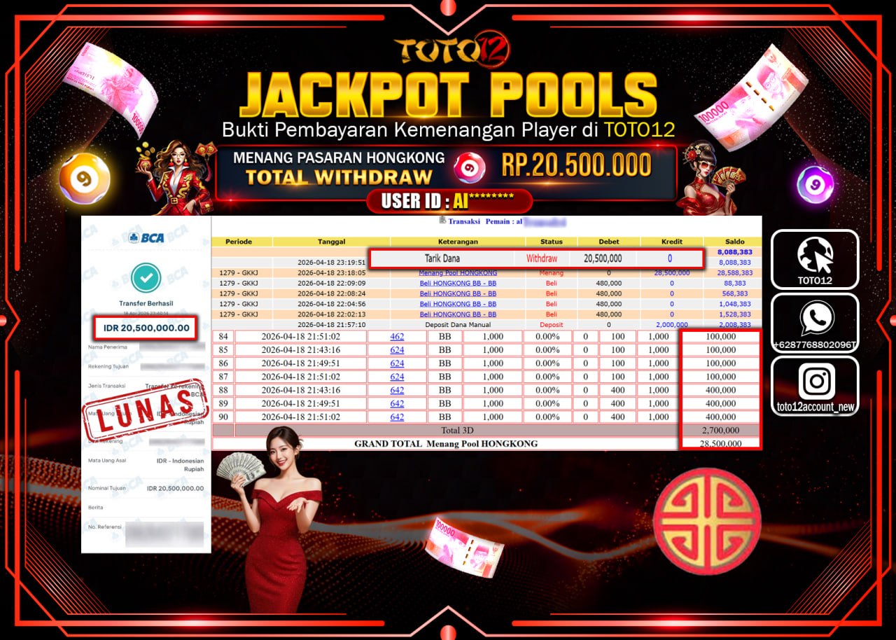 HANYA DI TOTO12 JP PASTI DI BAYAR LUNAS DAN CEPAT!!!!!! JACKPOT POOLS PASARAN (HONGKONG) Rp.20.500.000!!!!