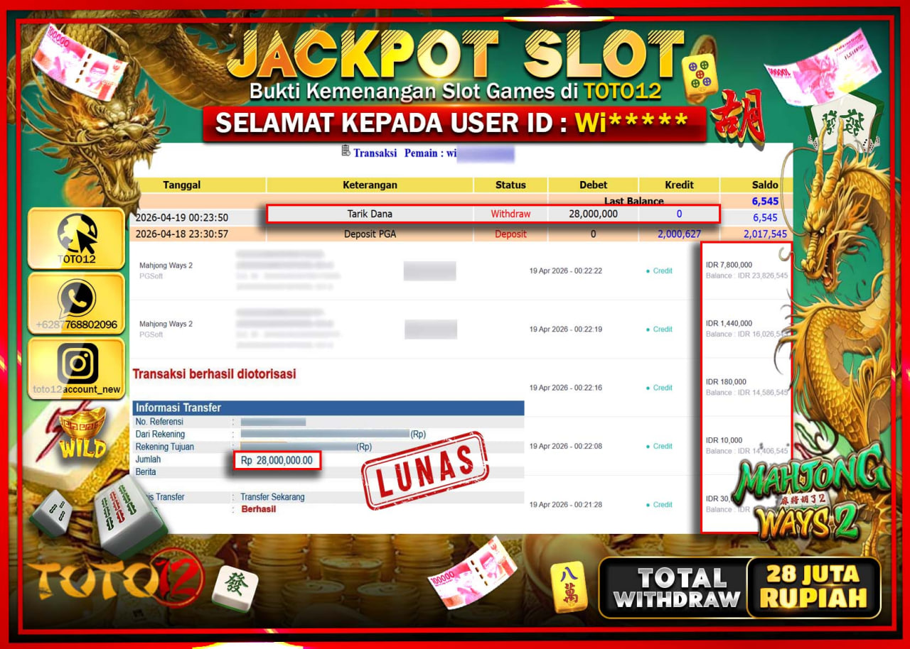 HANYA DI TOTO12 JP PASTI DI BAYAR LUNAS DAN CEPAT!!!!!! JACKPOT SLOT GAME (MAHJONG WAYS 2) Rp.28.000.000!!!!