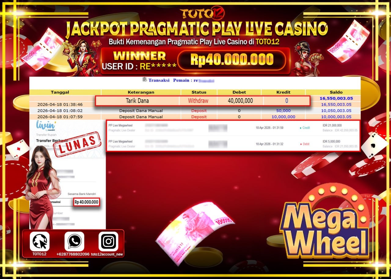 HANYA DI TOTO12 JP PASTI DI BAYAR LUNAS DAN CEPAT!!!!!! JACKPOT PRAGMATIC PLAY LIVE CASINO (MEGA WHEEL) Rp.40.000.000!!!!