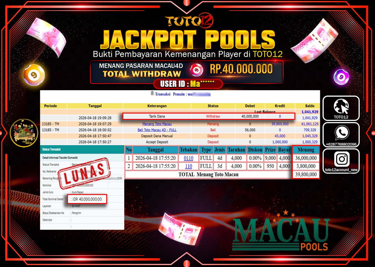 HANYA DI TOTO12 JP PASTI DI BAYAR LUNAS DAN CEPAT!!!!!! JACKPOT POOLS PASARAN (MACAU4D) Rp.40.000.000!!!!
