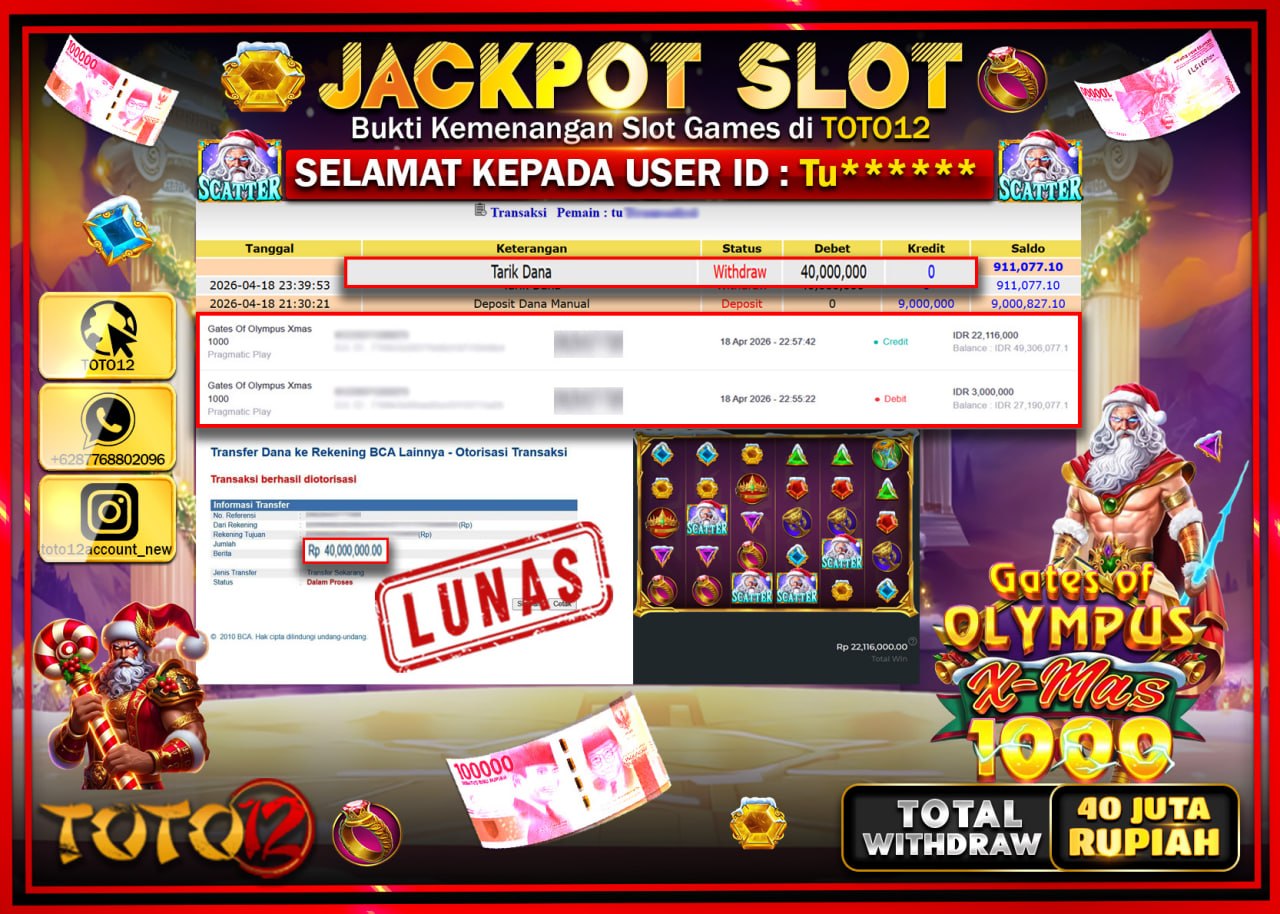 HANYA DI TOTO12 JP PASTI DI BAYAR LUNAS DAN CEPAT!!!!!! JACKPOT SLOT GAME (GATES OF OLYMPUS X MAS 1000) Rp.40.000.000!!!!