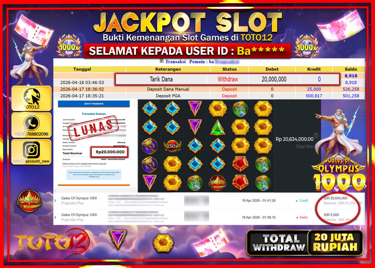 HANYA DI TOTO12 JP PASTI DI BAYAR LUNAS DAN CEPAT!!!!!! JACKPOT SLOT GAME (GATES OF OLYMPUS 1000) Rp.20.000.000!!!!