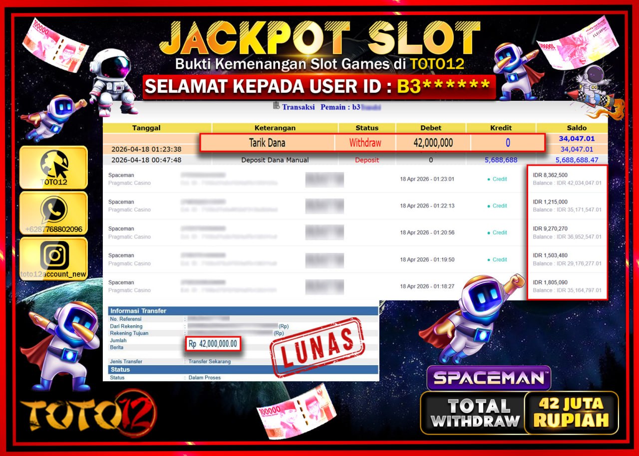 HANYA DI TOTO12 JP PASTI DI BAYAR LUNAS DAN CEPAT!!!!!! JACKPOT SLOT GAME (SPACEMAN) Rp.42.000.000!!!!