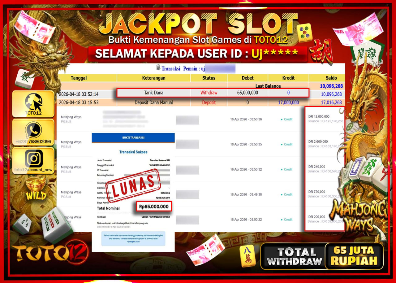 HANYA DI TOTO12 JP PASTI DI BAYAR LUNAS DAN CEPAT!!!!!! JACKPOT SLOT GAME (MAHJONG WAYS) Rp.65.000.000!!!!