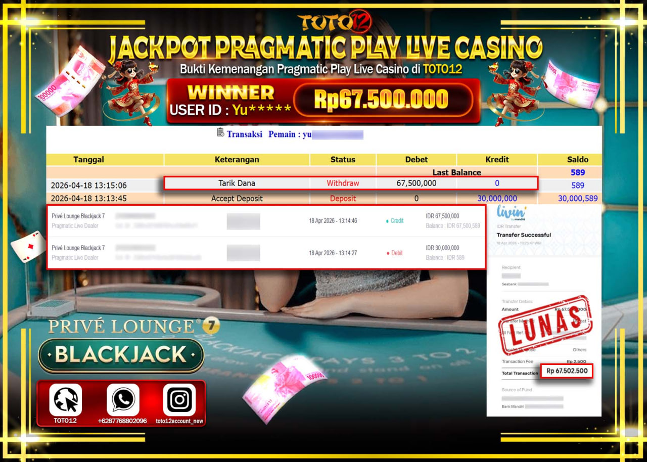 HANYA DI TOTO12 JP PASTI DI BAYAR LUNAS DAN CEPAT!!!!!! JACKPOT PRAGMATIC PLAY LIVE CASINO (PRIVE LOUNGE BLACKJACK 7) Rp.67.500.000!!!!