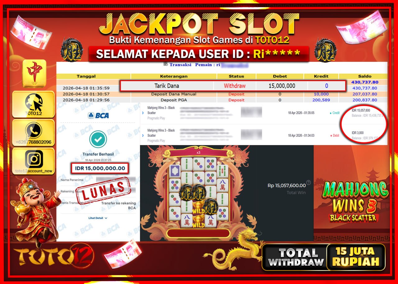 HANYA DI TOTO12 JP PASTI DI BAYAR LUNAS DAN CEPAT!!!!!! JACKPOT SLOT GAME (MAHJONG WINS 3 BLACK SCATTER) Rp.15.000.000!!!!