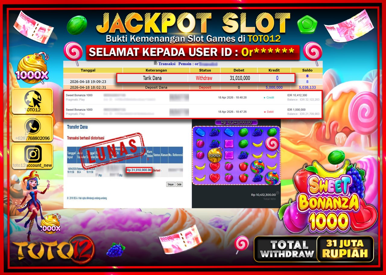 HANYA DI TOTO12 JP PASTI DI BAYAR LUNAS DAN CEPAT!!!!!! JACKPOT SLOT GAME (SWEET BONANZA 1000) Rp.31.010.000!!!!