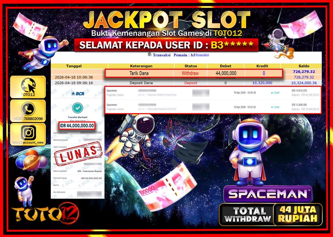 HANYA DI TOTO12 JP PASTI DI BAYAR LUNAS DAN CEPAT!!!!!! JACKPOT SLOT GAME (SPACEMAN) Rp.44.000.000!!!!