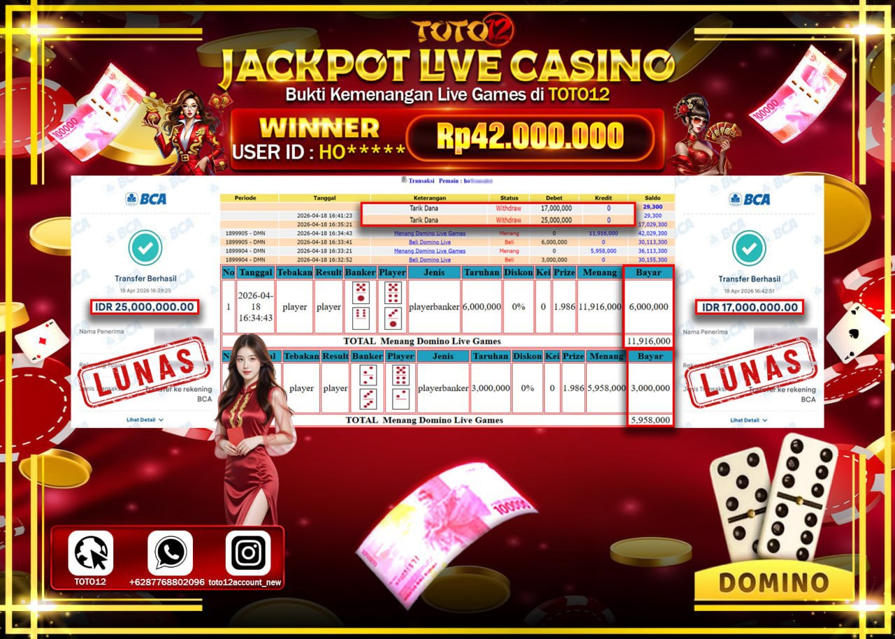 HANYA DI TOTO12 JP PASTI DI BAYAR LUNAS DAN CEPAT!!!!!! JACKPOT LIVE GAMES CASINO (DOMINO) Rp.42.000.000!!!!