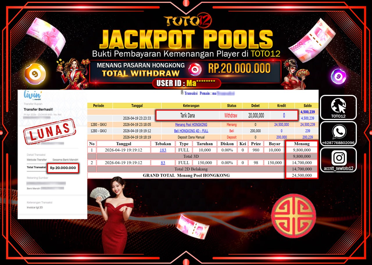 HANYA DI TOTO12 JP PASTI DI BAYAR LUNAS DAN CEPAT!!!!!! JACKPOT POOLS PASARAN( HONGKONG ) Rp.20.000.000!!!!