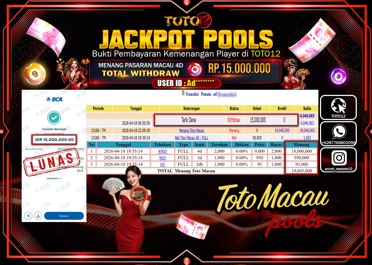 HANYA DI TOTO12 JP PASTI DI BAYAR LUNAS DAN CEPAT!!!!!! JACKPOT POOLS PASARAN(MACAU 4D) Rp.15.000.000!!!!