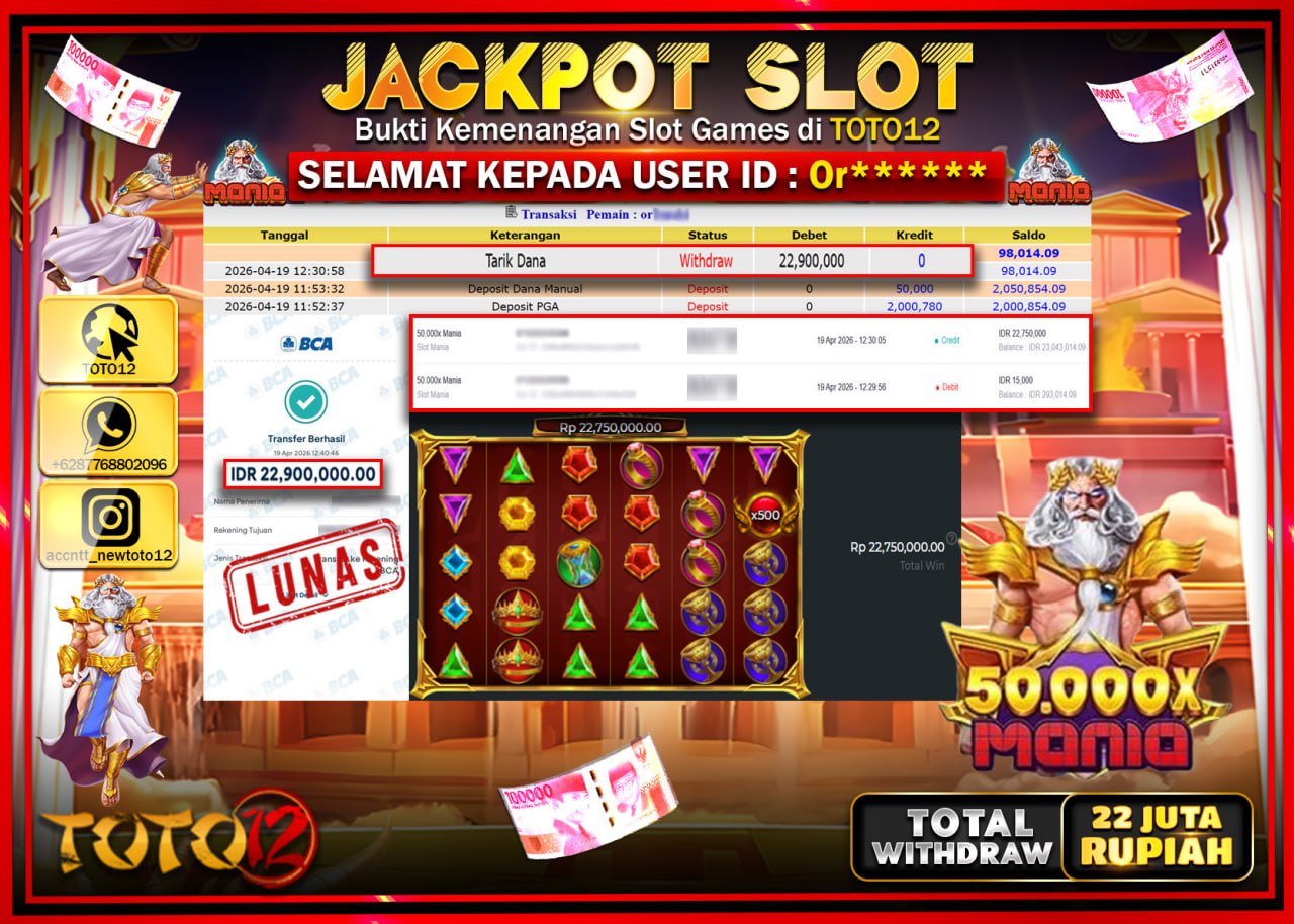 HANYA DI TOTO12 JP PASTI DI BAYAR LUNAS DAN CEPAT!!!!!! JACKPOT SLOT GAME (50.000 X MANIA) Rp.22.900.000!!!!