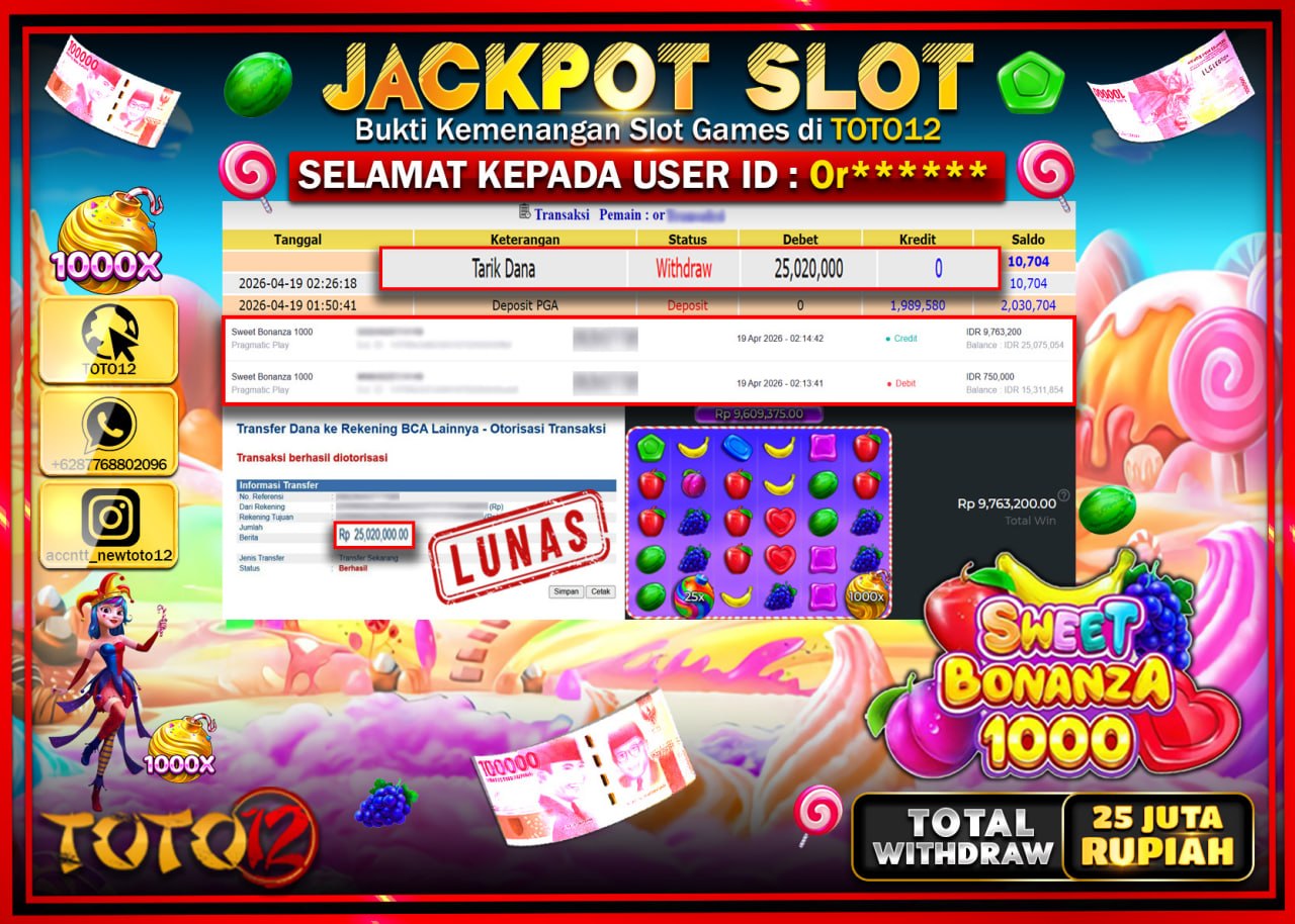 HANYA DI TOTO12 JP PASTI DI BAYAR LUNAS DAN CEPAT!!!!!! JACKPOT SLOT GAME (SWEET BONANZA 1000) Rp.25.020.000!!!!