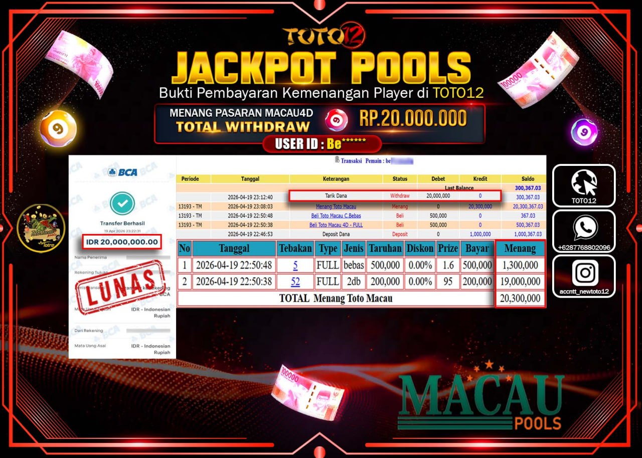 HANYA DI TOTO12 JP PASTI DI BAYAR LUNAS DAN CEPAT!!!!!! JACKPOT POOLS PASARAN(MACAU 4D) Rp.20.000.000!!!!