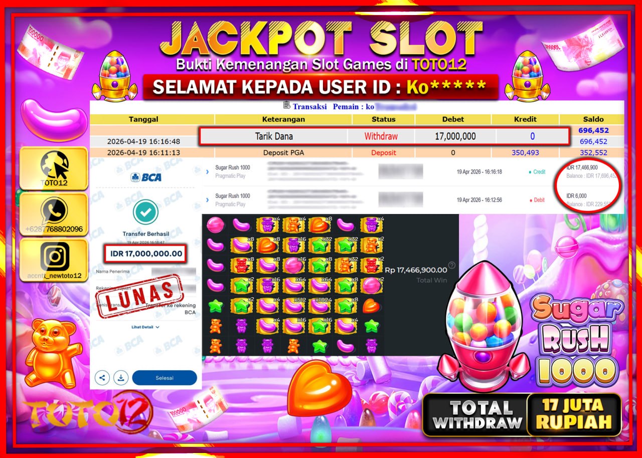 HANYA DI TOTO12 JP PASTI DI BAYAR LUNAS DAN CEPAT!!!!!! JACKPOT SLOT GAME (SUGAR RUSH 1000) Rp.17.000.000!!!!