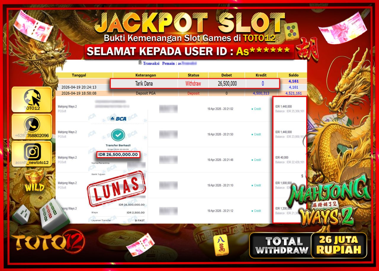 HANYA DI TOTO12 JP PASTI DI BAYAR LUNAS DAN CEPAT!!!!!! JACKPOT SLOT GAME (MAHJONG WAYS 2) Rp.26.500.000!!!!