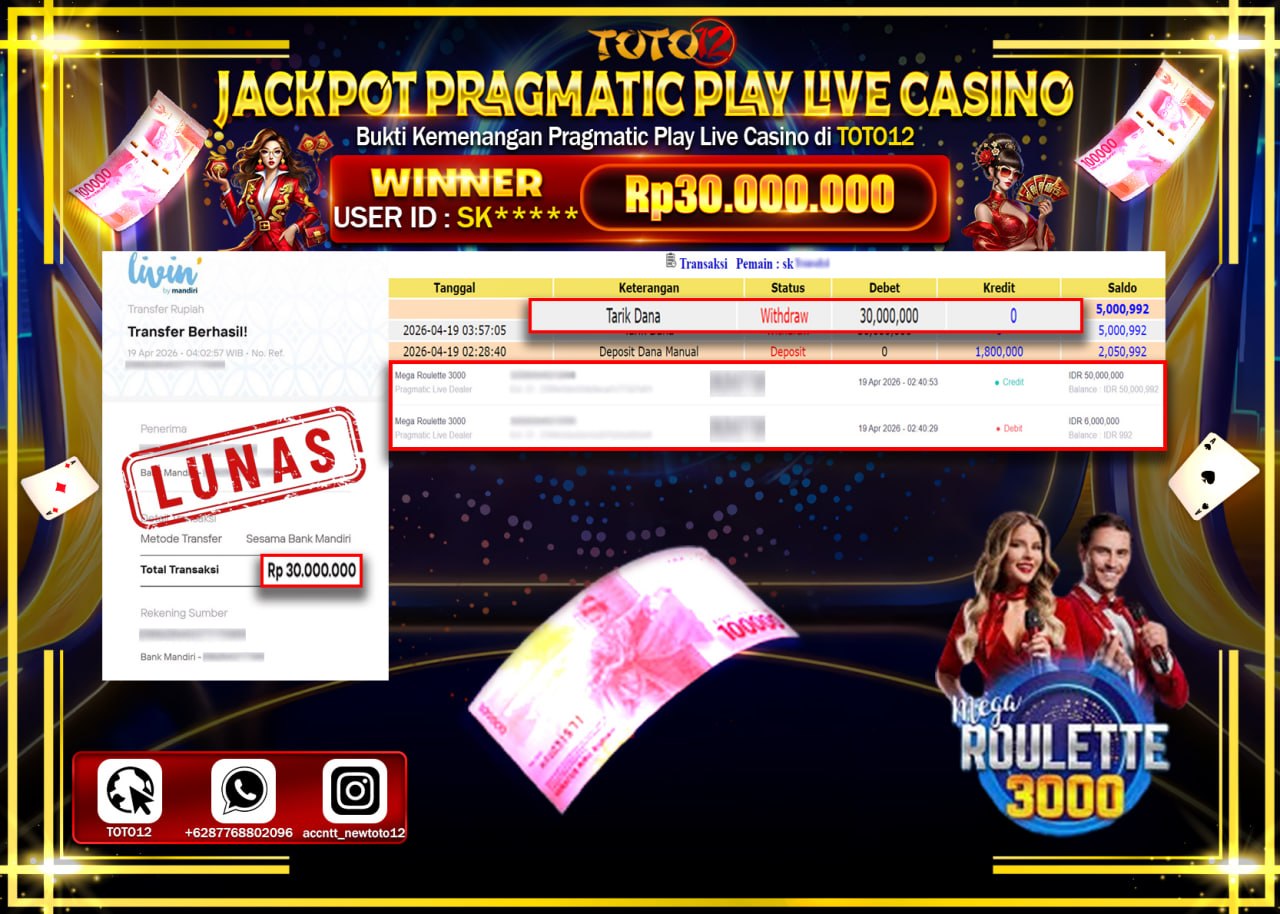 HANYA DI TOTO12 JP PASTI DI BAYAR LUNAS DAN CEPAT!!!!!! JACKPOT PRAGMATIC PLAY LIVE GAME CASINO (MEGA ROULETTE 3000) Rp.30.000.000!!!!